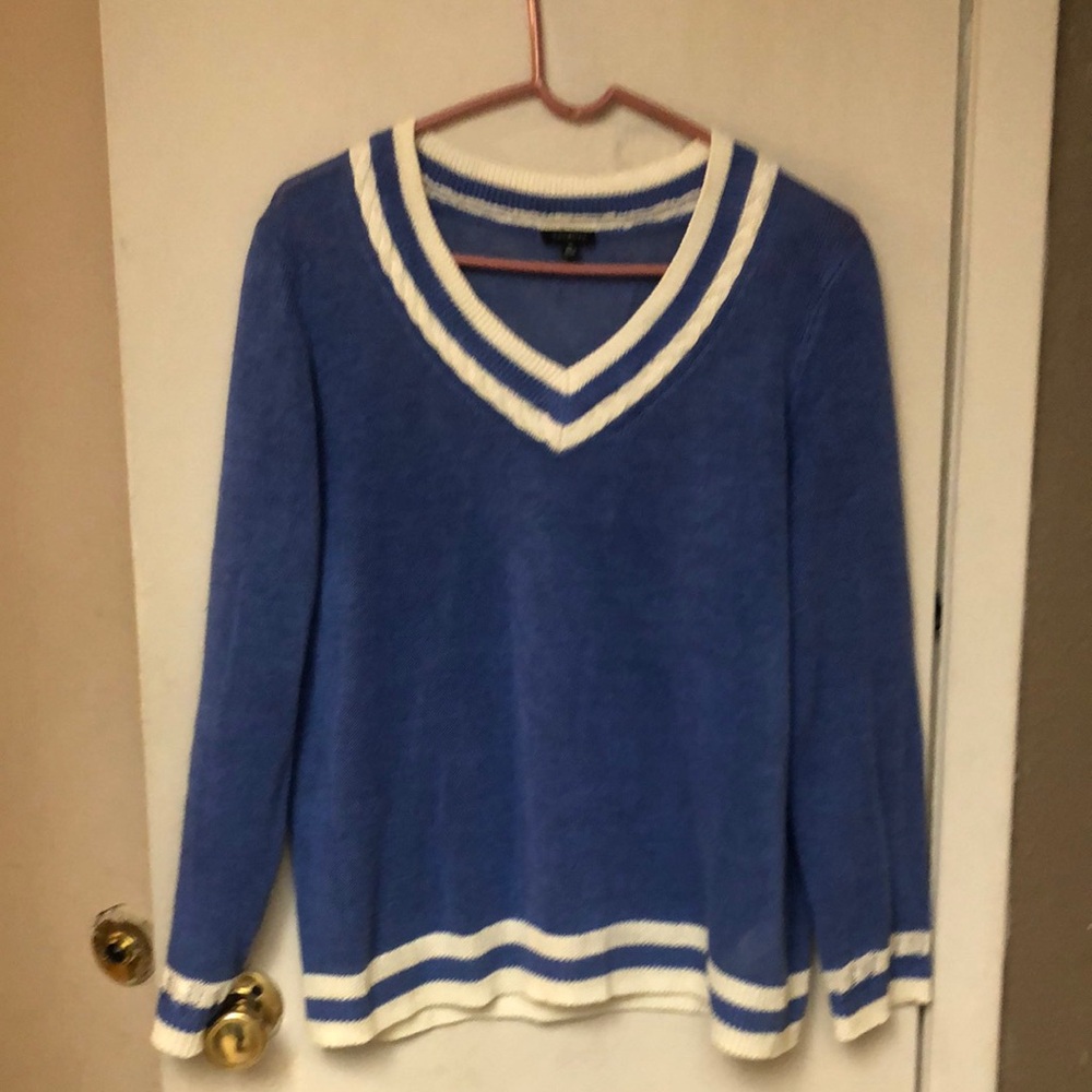 Blue and White V-Neck Women's Sweater